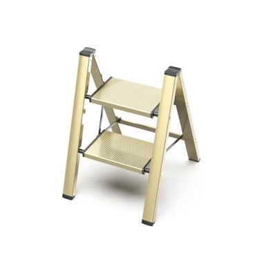 GameGem 2 Step Ladder Aluminum Folding Step Stool with AntiSlip Sturdy and Wide Pedal Lightweight Portable MultiUse Stepladder for Home and Kitchen Use Space Saving Gold 330 lbs
