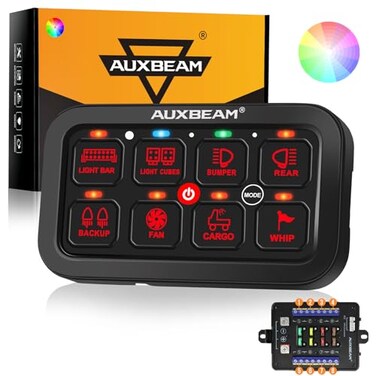 Auxbeam 8 Gang Switch Panel RB80 Toggle Momentary Pulsed RGB Dimmable Switch Panel Multifunction Panel Two Sided Output Marine Switch Panel IP65 Waterproof for Car Boat RV