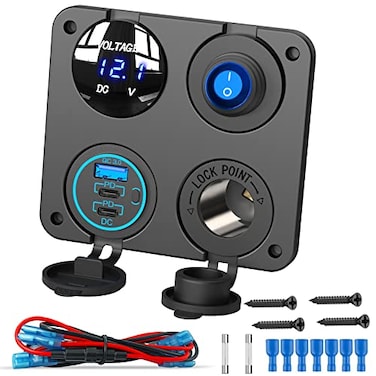 Qidoe 12V USB Outlet Socket Panel 4 in 1 58W Dual PD30 USB C 12V USB Charger 150W Marine Cigarette Lighter Socket 12v Splitter with Voltmeter Digital Display and Waterproof Rocker Toggle Switch 15A Fu