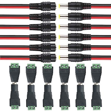 QitinDasen FULARR 24Pcs Premium DC Connector Kit 6 Pair Power Plug Jack Adapter 6 Pair Pigtail Cable for CCTV Security Camera 55 X 21mm