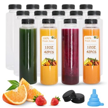Holotap 42 Pcs 12 OZ Juice Bottles with Caps Bulk Empty Plastic Bottles with Black Tamper Evident Lids for Juicing Protein Drinks and Other Beverage Drink Containers Black 12OZ