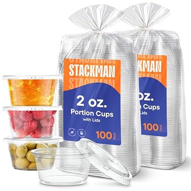 Stack Man 200 Sets 2 oz Small Plastic Containers with Lids Jello Shot Condiment Cups 2oz Dipping Sauce Salad Dressing Container Disposable Mini Portion Souffl Ramekins Pudding Cup