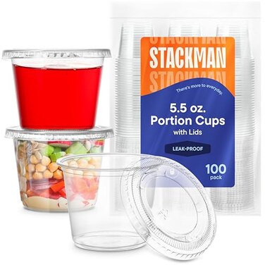 Stack Man 100 Sets 55 oz Plastic Clear Portion Cups Snack Yogurt Parfait Pudding Souffle Dessert Cups Disposable Containers with Lids 55oz