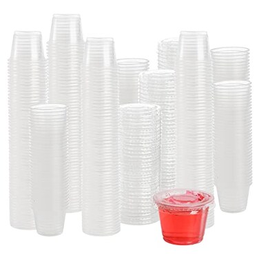 Hedume 600 Sets 1 Oz Disposable Portion Cups with Lids Clear Jello Shot Cups Plastic Souffle Portion Cups Sampling Cups with Lids Sauce Cups
