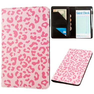BECEERE Server Book Server Books for Waitress Leather Server Book with Zipper Pocket Cute Server Book Waitress Book Fit Server Apron Pink Leopard
