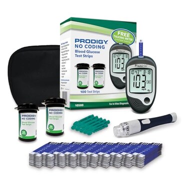 PRODIGY 10500 100ct Test Strips with AutoCode Talking Meter Starter Kit AutoCode Blood Glucose Talking Meter No Coding Blood Glucose Test Strips 2 vials of 50ct Adjustable Depth Lancing Device