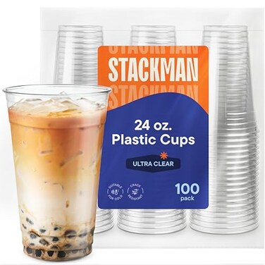 Stack Man 100 Pack 24 oz Clear Disposable Plastic Cups PET Crystal Clear Disposable 24oz Plastic Cups