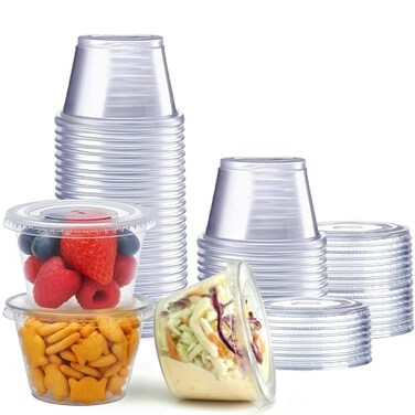 GUSTO 4 oz Jello Shot Cups with Lids 50 Count Clear Plastic Portion Containers Condiment Cups for Sauces Dressings Samples Durable Stackable LeakResistant Formerly Comfy Package
