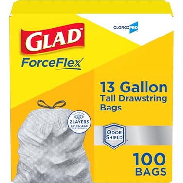 Glad CloroxPro ForceFlex 13 Gallon Tall Kitchen Drawstring Trash Bags 100 Ct Package May Vary