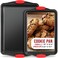 BAKKENMASTER 2 Piece Set Nonstick Carbon Steel Oven Bakeware Professional Quality Kitchen Cooking Baking Trays PFOA PFOS PTFEFree Small MediumBaking Sheet Pans with Red Silicone Handles