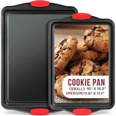 BAKKENMASTER 2 Piece Set Nonstick Carbon Steel Oven Bakeware Professional Quality Kitchen Cooking Baking Trays PFOA PFOS PTFEFree Small MediumBaking Sheet Pans with Red Silicone Handles