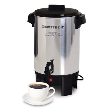 West Bend Coffee Urn HighlyPolished Aluminum Features Automatic Temperature Control with Cup Per Minute Brewing and Easy Clean Up Includes InBasket Measuring Guide and Ready Light 30Cup Silver