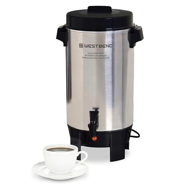 West Bend Coffee Urn HighlyPolished Aluminum Features Automatic Temperature Control with Cup Per Minute Brewing and Easy Clean Up Includes InBasket Measuring Guide and Ready Light 42Cup Silver