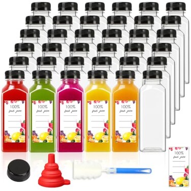 Moretoes 40pcs 12oz Plastic Juice Bottles with Caps Bulk Clear Beverage Containers for Juicing Drinking Milkshake Tea and Other Beverages