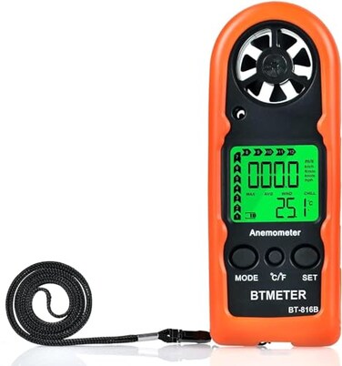 BTMETER Anemometer Handheld Wind Speed Meter BT816B Mini Digital Air Flow Meter with LCD BacklightWind Chill Temp MaxAvgCurrent Mode to Measure Air Flow Velocity for Sailing Drone Golf HVAC