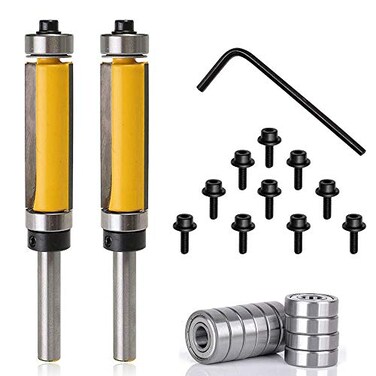 Mesee 2Pcs Top and Bottom Bearing Flush Trim Pattern Router Bit Set 14 Shank Template Trimming Bits Double Bearings Trim Router Bits Woodworking Milling Cutter Tool