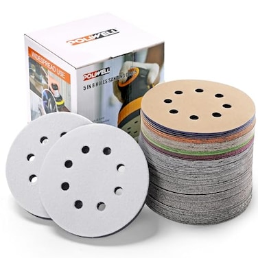 POLIWELL 5 Inch Sanding Discs Hook and Loop 8 Hole Heavy Duty Silicon Carbide Sandpaper 320 400 600 800 1000 1500 2000 3000 4000 5000 7000 10000 with Interface Pad for Random Orbital Sander120 Pack