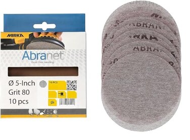 Mirka Abranet Net Disc 5 inchGrit 80 Sandpaper Sanding Discs Hook and Loop 10 pcs 9A232080RP