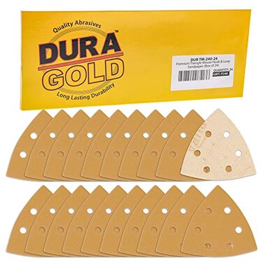 Dura-Gold DuraGold Premium Triangle Mouse Sanding Sheets 240 Grit Box of 24 6 Hole Pattern Hook Loop Triangular Shaped Mouse Sander Discs Aluminum Oxide Abrasive Sandpaper Woodworking Crafting