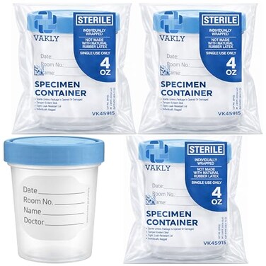 Vakly Sterile Specimen Cups 4 oz 3 Count Urine Collection Cups Individually Bagged with Lids LeakProof ScrewOn Covers for Safe Sample Testing
