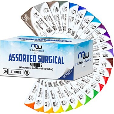 Matrix Wizard Mixed Sutures Thread with Needle Absorbable Chromic Catgut NonAbsorbable Nylon Silk Polyester Polypropylene Surgical Wound Practice Kit Emergency First Aid Demo 20 30 40 50 24PK