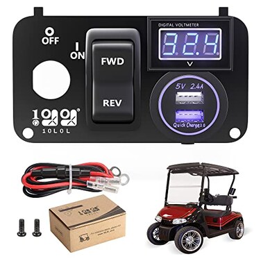 10L0L Golf Cart Key Switch Console Panel for EZGO TXT PDS 2003up Electric Models with 12V QC30 Fast Charge Dual USB Charging Socket LED Digital Voltmeter Forward Reverse Switch