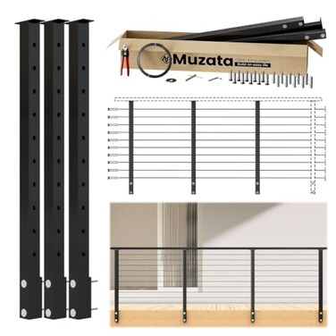 Muzata 812FT Modular Black Side Mount Cable Railing Kit 36 Inch 3 Level Post Kit Complete Set Cable Railing System for Decks Length Adjustable Easy DIY with Paper User Guide No Handrail RW21