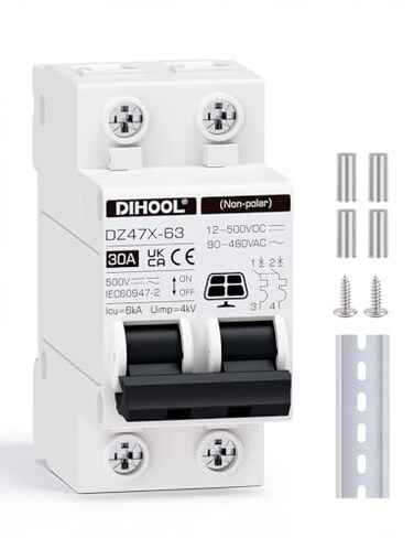 DIHOOL Solar Disconnect Switch 30 Amp 2 Pole DIN Rail Mount Non Polarized 12V 24V 48V 400V ACDC Circuit Breaker RV Battery Isolator PV Array MCB Thermal Magnetic Trip