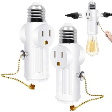 QYKAVM Light Socket Outlet AdapterE26 Light Bulb Socket Converts Medium Screw Socket to 2 Outlets with Pull Chain SwitchPolarized Light Bulb Socket SplitterWhite2 Pack