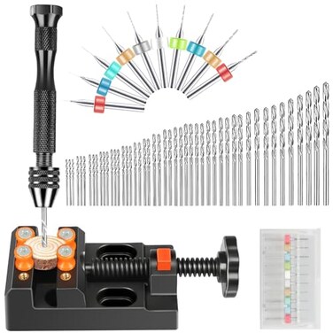 SUNJOYCO 60 PCS Pin Vise Hand Drill Set Micro Mini Twist Drill Bits PCB Drill Bits Bench Vise Tool for Resin Wood Jewelry Making DIY Drilling and Model Building