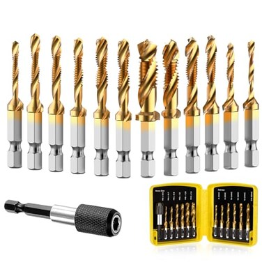 THINKWORK Combination Drill Tap Tap Bit Set 3in1 Titanium Coated Screw Tapping Bit Tool for Drilling Tapping Countersinking with QuickChange Adapter 13 PCS SAEMetric