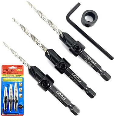 FTG USA Adjustable Wood Countersink Drill Bit Set 3 Pcs 6810 with Tapered Drill Bits