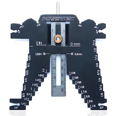 POWERTEC Universal 5in1 Step Depth Gauge for Measuring Chisel Angles Drill Points and Setting Router Bit Saw Blade Heights Compatible with Table Saw and Router Table Woodworking Tools 80023