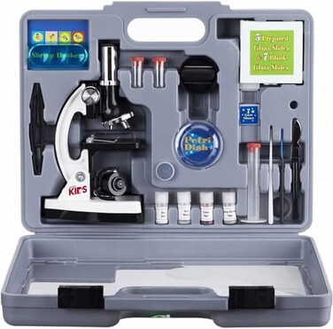 AmScope 120X1200X 52pcs Beginner Microscope STEM Kit with Metal Body Microscope Plastic Slides LED Light and Carrying Box M30ABSKT2WWhite
