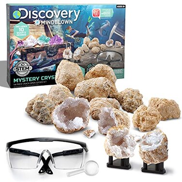 Discovery Mystery Crystal Geode Kit Crack Open 10 Real Quartz Geodes Includes Goggles Magnifying Glass Display Stands Educational STEM Geology Toy for Kids Science Activity Set Gift Ages 6