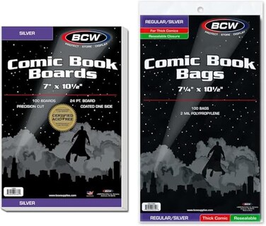 BCW Thick Resealable SilverRegular Comic Bags Silver Comic Backing Boards AcidFree Storage for Comics Comic Book Sleeves and Boards 100 Bags 100 Boards