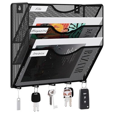 EasyPAG 3 Pocket Mesh Wall File Organizer with Key Hooks Hanging Paper Folder Holder with Classify Label Vertical Wall Mount Mail Organizer for Office Home Classroom Black
