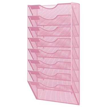 EasyPAG 8 Pocket Mesh Wall File Organizer Hanging Paper Folder Holder with Classify Label Vertical Wall Mount Mail Organizer for Office Home Classroom Pink