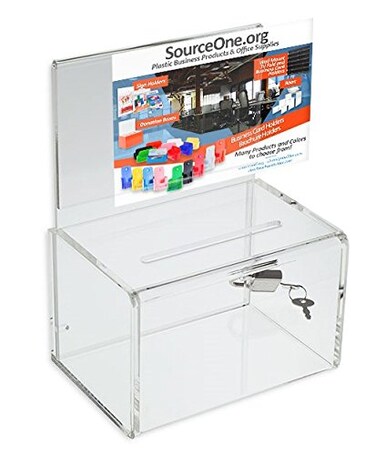 SOURCE ONE Source One Small 5Inch Wide Deluxe Oblong Donation Box with Ad Frame Free Lock Clear