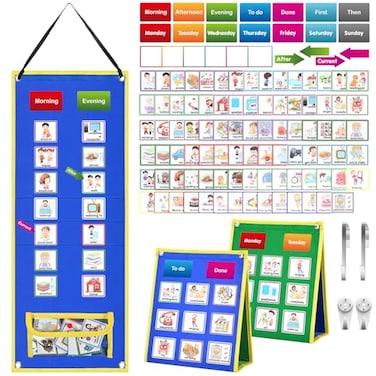KIKIGOAL Kids Visual Schedule Calendar Chart Double Side Autism Daily Chore Routine Chart with 113 Cards Autism Learning Materials Kids Visual Behavioral Tool Wall Planner for Home School
