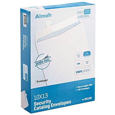 Aimoh 100 10 x 13 SelfSeal Security White Catalog Envelopes 28lb 100 Count Security Tinted Ultra Strong QuickSeal 10x13 inch 39100