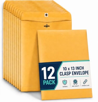 1InTheOffice Clasp Envelopes 10x13 Large Mailing Envelopes Catalog Envelopes Clasp Closure Gummed Seal Brown 12 Pack