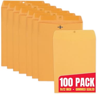 1InTheOffice Manila Clasp Catalog Envelopes Kraft Brown Gummed Sealed 9x12 100 Pack