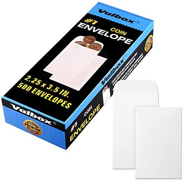 ValBox 1 Coin Envelopes 500PcsBox 225 x 35 Small Parts Envelope with Gummed Flap for Home Garden or Office Use White Kraft Seed Envelopes