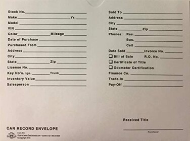 A Plus Car Record Envelope 19 Vehicle Dealer Jackets 100 Quantity White V3