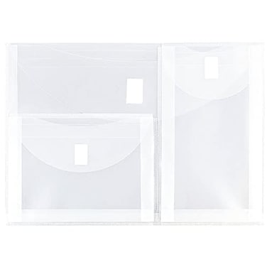 JAM Paper JAM PAPER Plastic Multi Pocket Envelopes with Hook Loop Closure 3 Pockets Letter Booklet 9 34 x 13 Clear 12Pack