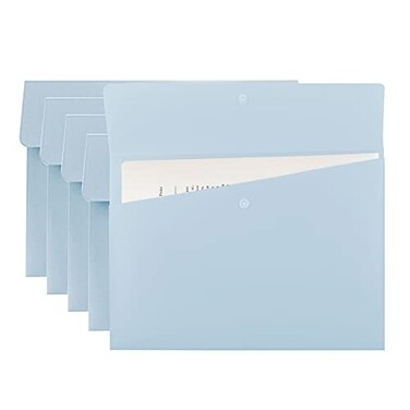 VANRA Poly File Folders Letter Size File Jackets Organizer Plastic Envelope A4 Flat Document Holder with Snap Button Closure Pastel Blue Pack of 5
