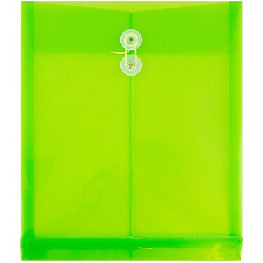 JAM Paper JAM PAPER Plastic Envelopes with Button String Tie Closure Letter Open End 9 34 x 11 34 Lime Green 12Pack