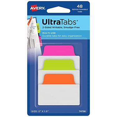 Avery Multiuse Ultra Tabs 2 x 15 2Side Writable Neon PinkGreenOrange 48 Repositionable Tabs 74756