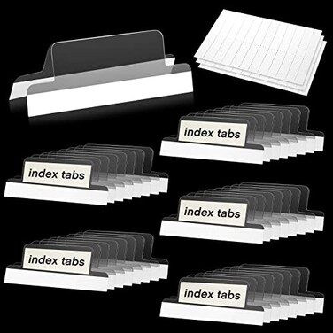 Gueevin 50 Pieces 15 Inch Insertable Self Adhesive Index Tabs with Paper Printable Inserts Clear Plastic Sticky File Folder Labels Hanging File Tabs for Notebooks Book Page Folders